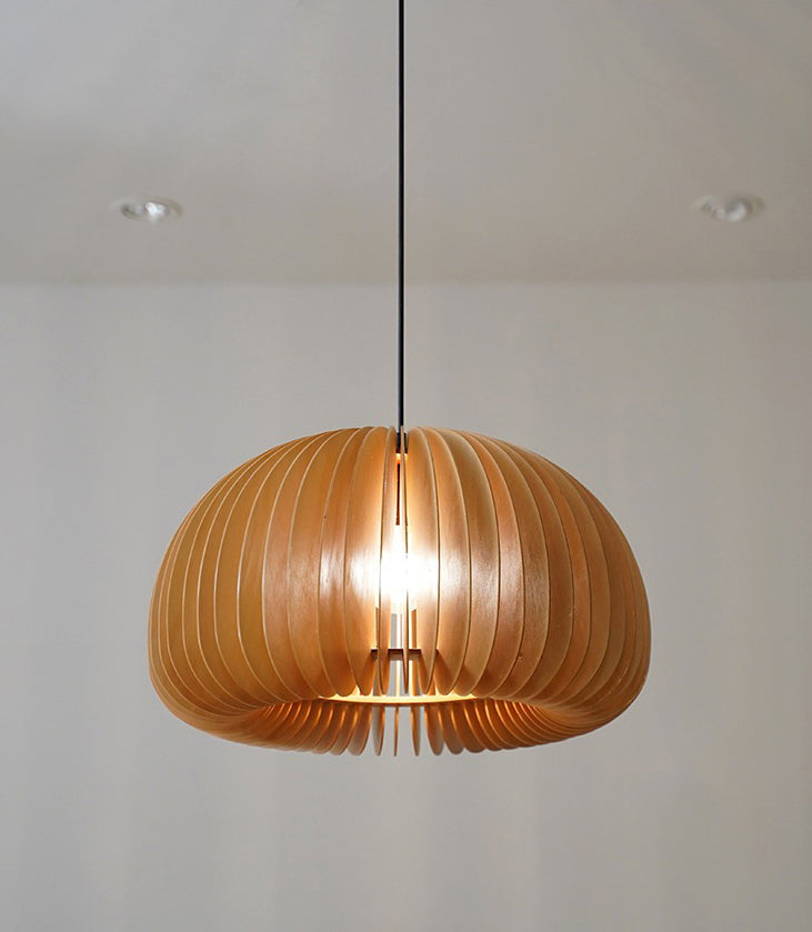 Beige Wood Slatted Hanging Light Chinese Style 1 Light  Restaurant Ceiling Pendant Lamp