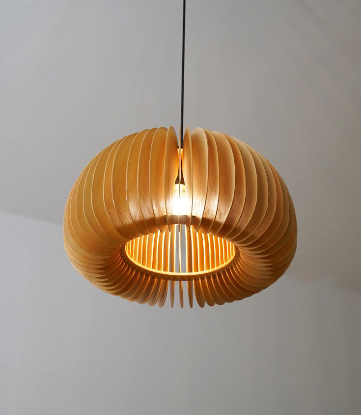 Beige Wood Slatted Hanging Light Chinese Style 1 Light  Restaurant Ceiling Pendant Lamp