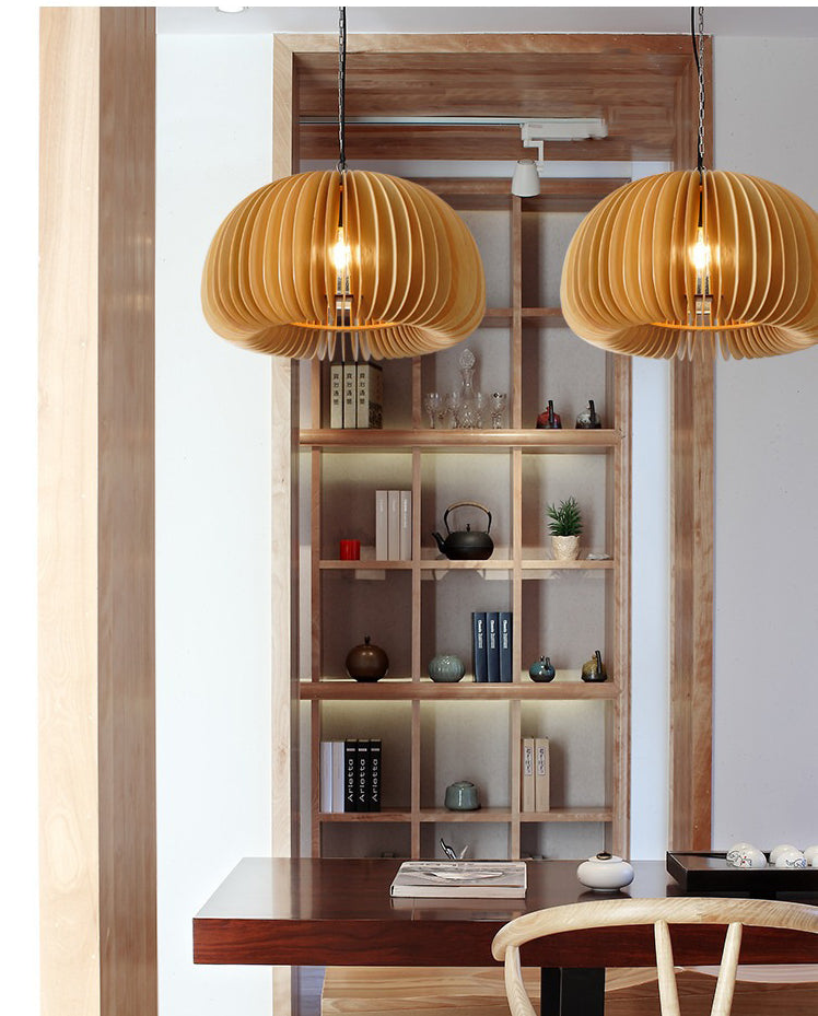 Beige Wood Slatted Hanging Light Chinese Style 1 Light  Restaurant Ceiling Pendant Lamp