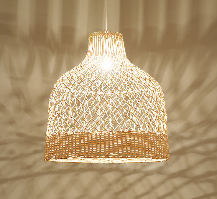 Handwoven Dome Pendant Light Fixture Chinese Rattan Fiber Single Bulb Ceiling Light for Dining Table