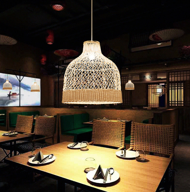 Handwoven Dome Pendant Light Fixture Chinese Rattan Fiber Single Bulb Ceiling Light for Dining Table