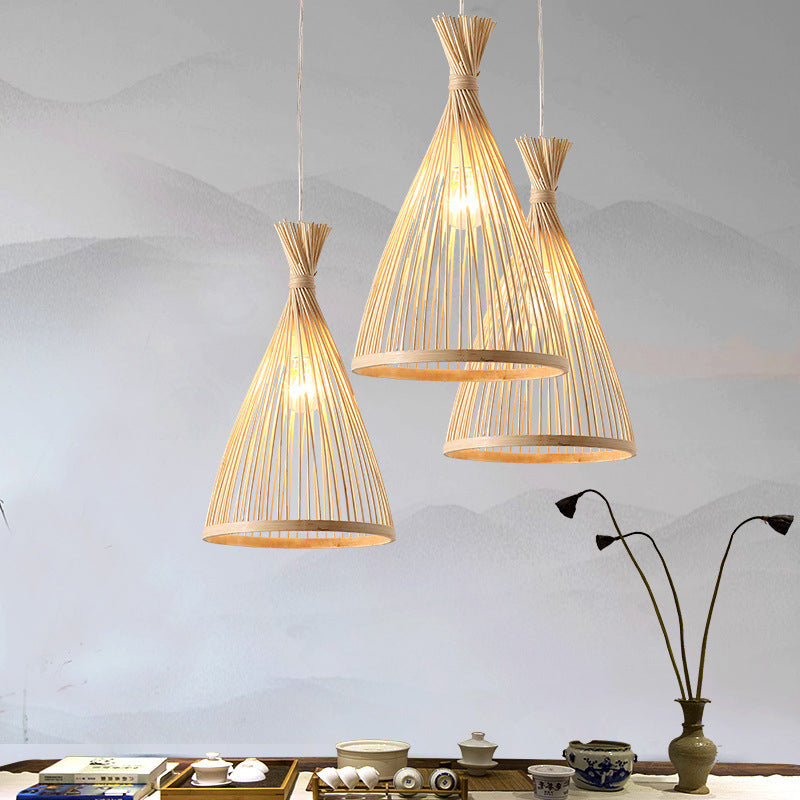 Conical Pendant Light Fixture Chinese Minimalist Bamboo 1 Light Restaurant Suspension Pendant