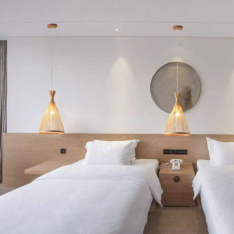 Conical Pendant Light Fixture Chinese Minimalist Bamboo 1 Light Restaurant Suspension Pendant