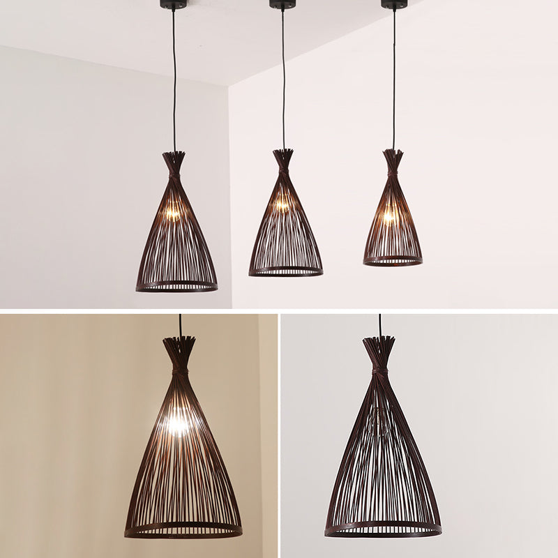 Conical Pendant Light Fixture Chinese Minimalist Bamboo 1 Light Restaurant Suspension Pendant