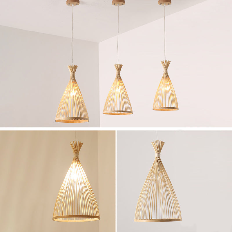 Conical Pendant Light Fixture Chinese Minimalist Bamboo 1 Light Restaurant Suspension Pendant