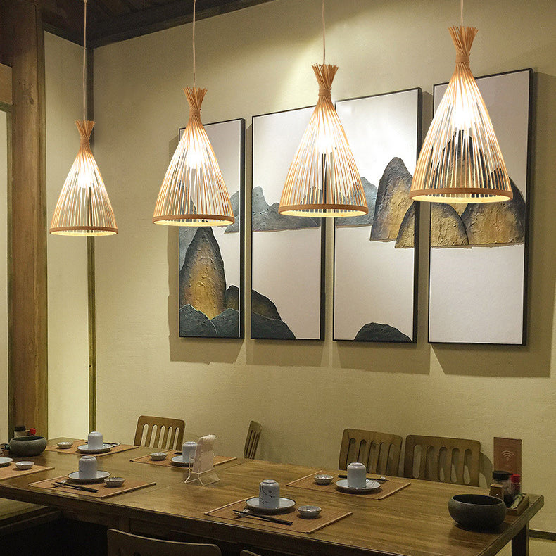 Conical Pendant Light Fixture Chinese Minimalist Bamboo 1 Light Restaurant Suspension Pendant