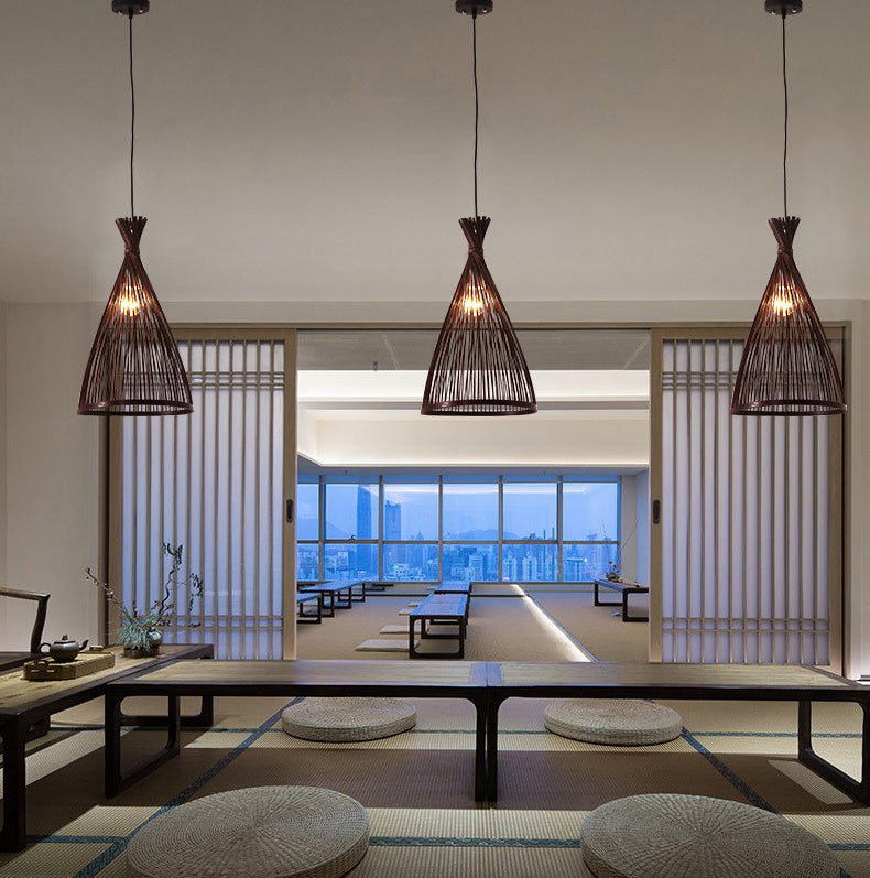 Conical Pendant Light Fixture Chinese Minimalist Bamboo 1 Light Restaurant Suspension Pendant