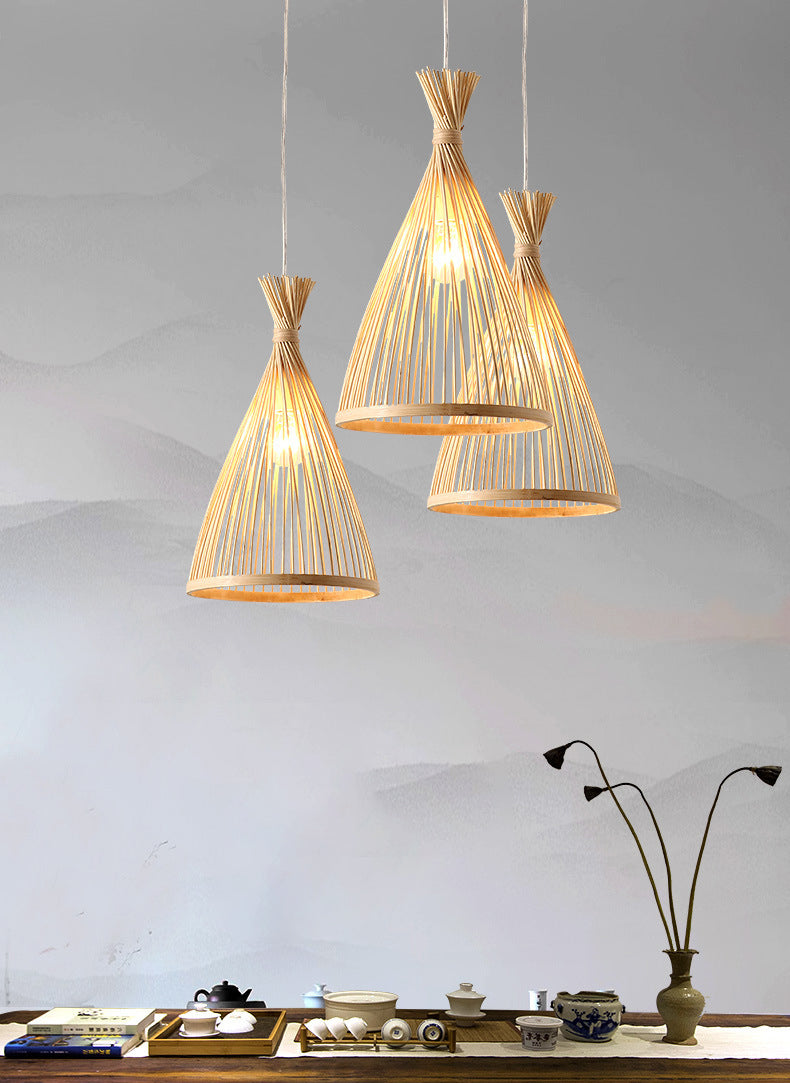 Conical Pendant Light Fixture Chinese Minimalist Bamboo 1 Light Restaurant Suspension Pendant