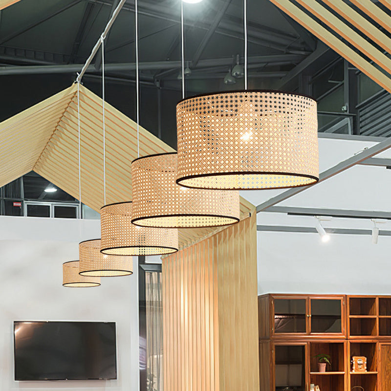 Drum Rattan Schatten Anhänger Hanging Lamp Asia Style 1 Licht hängende Deckenleuchte im Beige für Wohnzimmer