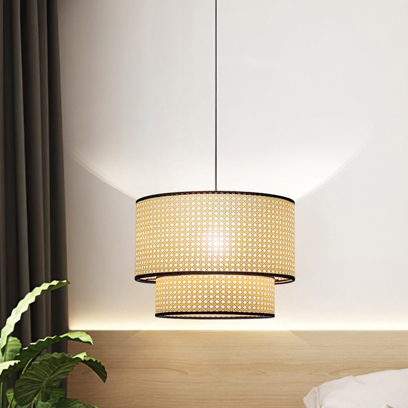 Drum Rattan Schatten Anhänger Hanging Lamp Asia Style 1 Licht hängende Deckenleuchte im Beige für Wohnzimmer