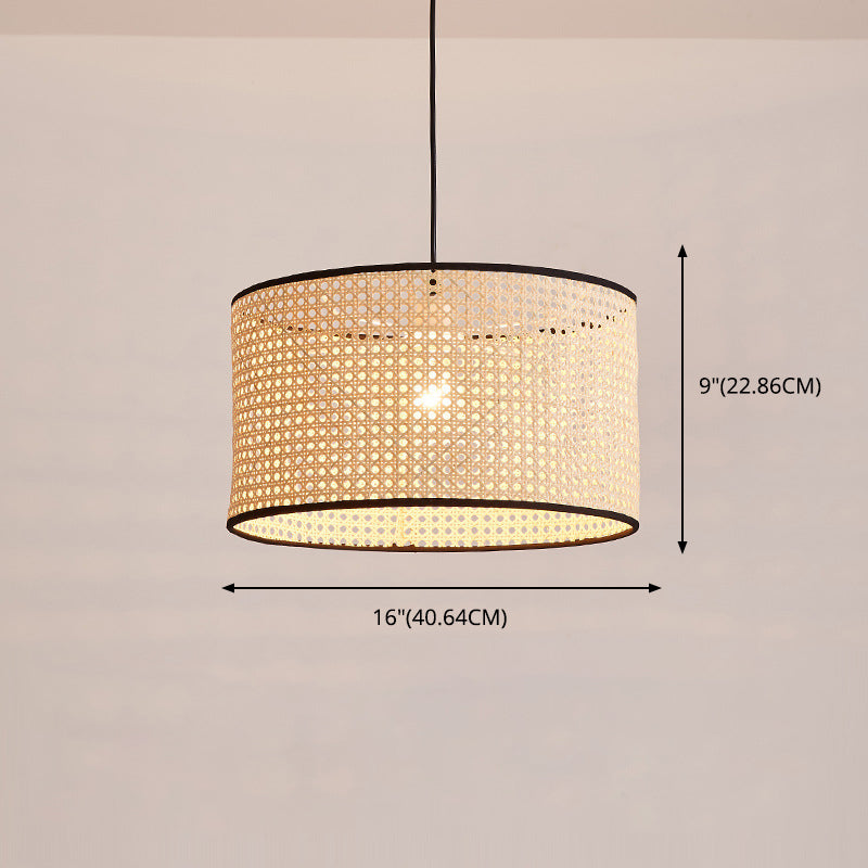 Drum Rattan Schatten Anhänger Hanging Lamp Asia Style 1 Licht hängende Deckenleuchte im Beige für Wohnzimmer