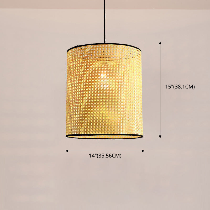 Drum Rattan Schatten Anhänger Hanging Lamp Asia Style 1 Licht hängende Deckenleuchte im Beige für Wohnzimmer