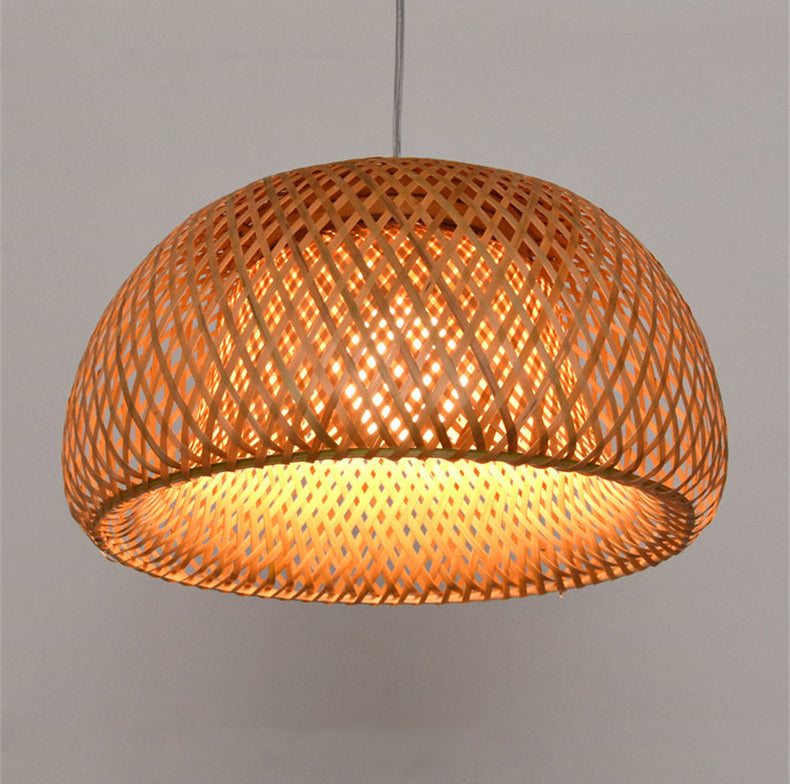 Double walled Hanging Lamp Kit Asian Bamboo 1-Light Beige Hanging Pendant for Restaurant