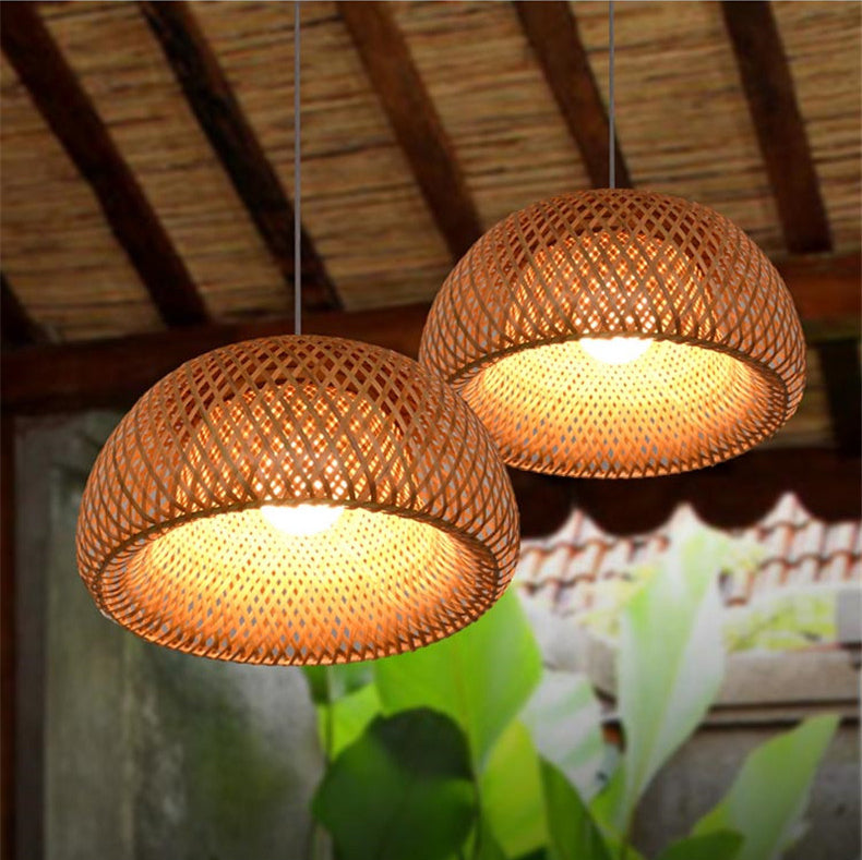 Double walled Hanging Lamp Kit Asian Bamboo 1-Light Beige Hanging Pendant for Restaurant