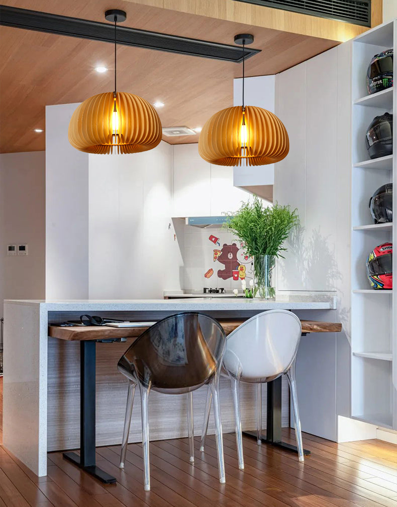 Beige Holzkürbis hängende helle chinesische style 1 leichte Restaurant Decke Anhängerlampe