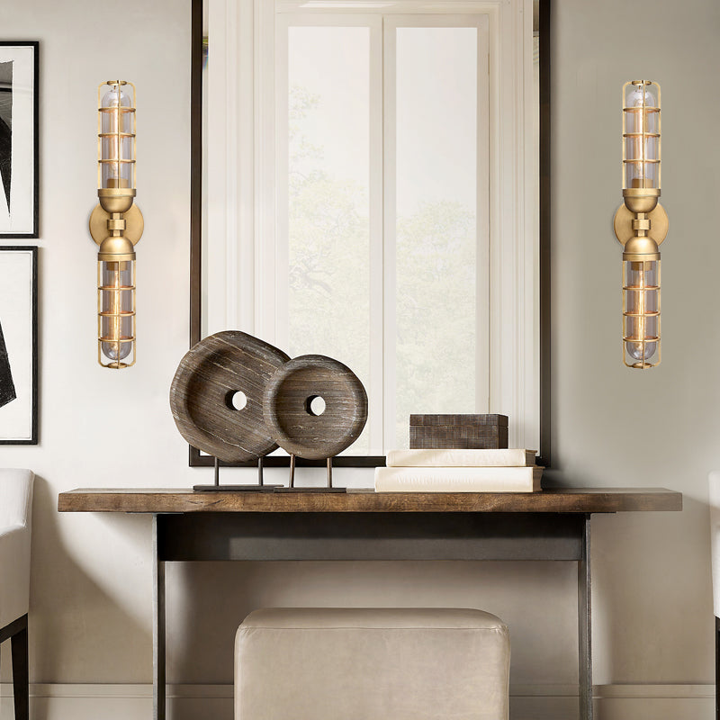 Retro Dual Cylinder Wall Mounted Light 2 Bulbs Clear Glass Sconce Lighting with Gold Metal Frame