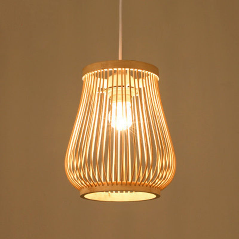 Beige Hand-Worked Pendant Cottage Style 1 Bulb Bamboo Hanging Light for Dining Table