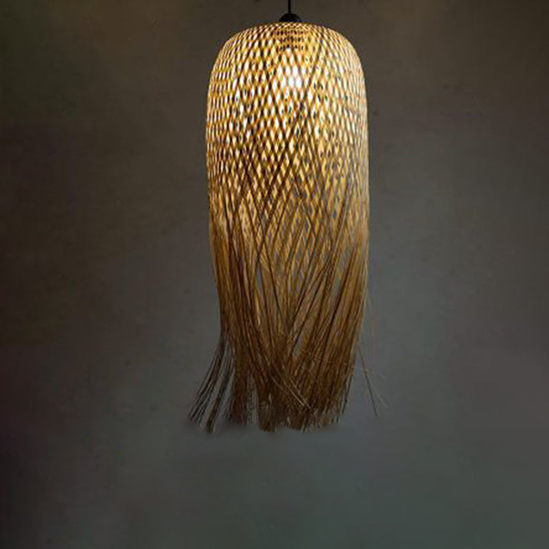 Beige Hand-Woven Pendant Asia Art Deco 1 Bulb Bamboo Hanging Light for Dining Table