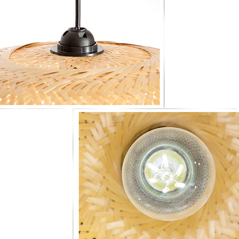 Beige Hand-Woven Pendant Asia Art Deco 1 Bulb Bamboo Hanging Light for Dining Table