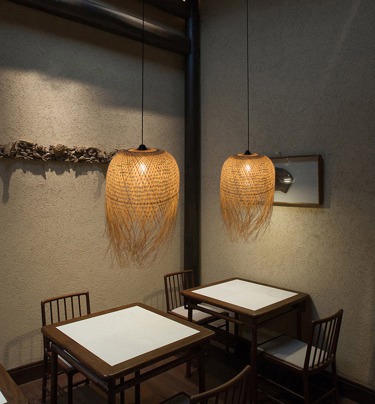 Beige Hand-Woven Pendant Asia Art Deco 1 Bulb Bamboo Hanging Light for Dining Table
