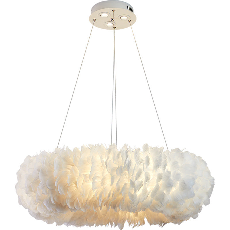 Art Deco White Feather Drop Pendant Modern Creative Round Hanging Ceiling Light for Bedroom