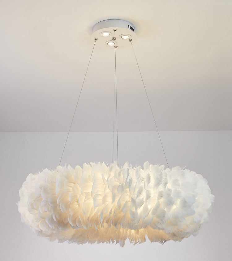 Art Deco White Feather Drop Pendant Modern Creative Round Hanging Ceiling Light for Bedroom