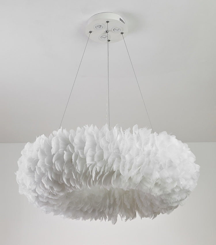 Art Deco White Feather Drop Pendant Modern Creative Round Hanging Ceiling Light for Bedroom