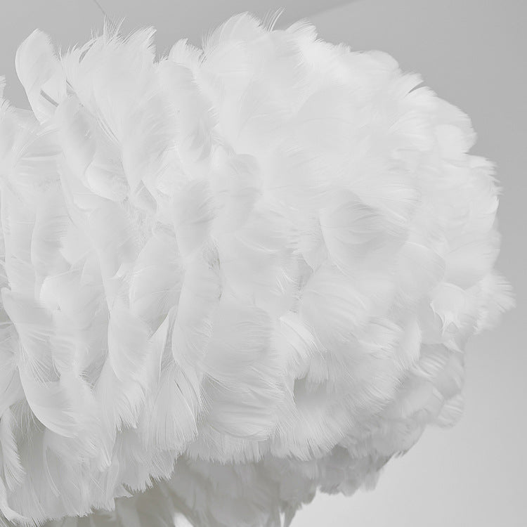 Art Deco White Feather Drop Pendant Modern Creative Round Hanging Ceiling Light for Bedroom