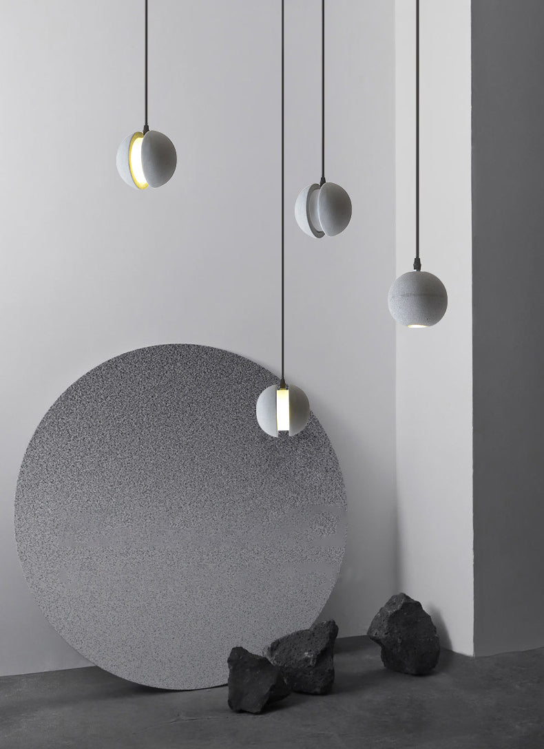 Grey Spherical Shape Pendant Lamp Modern Minimalist Cement Hanging Lamp for Living Room
