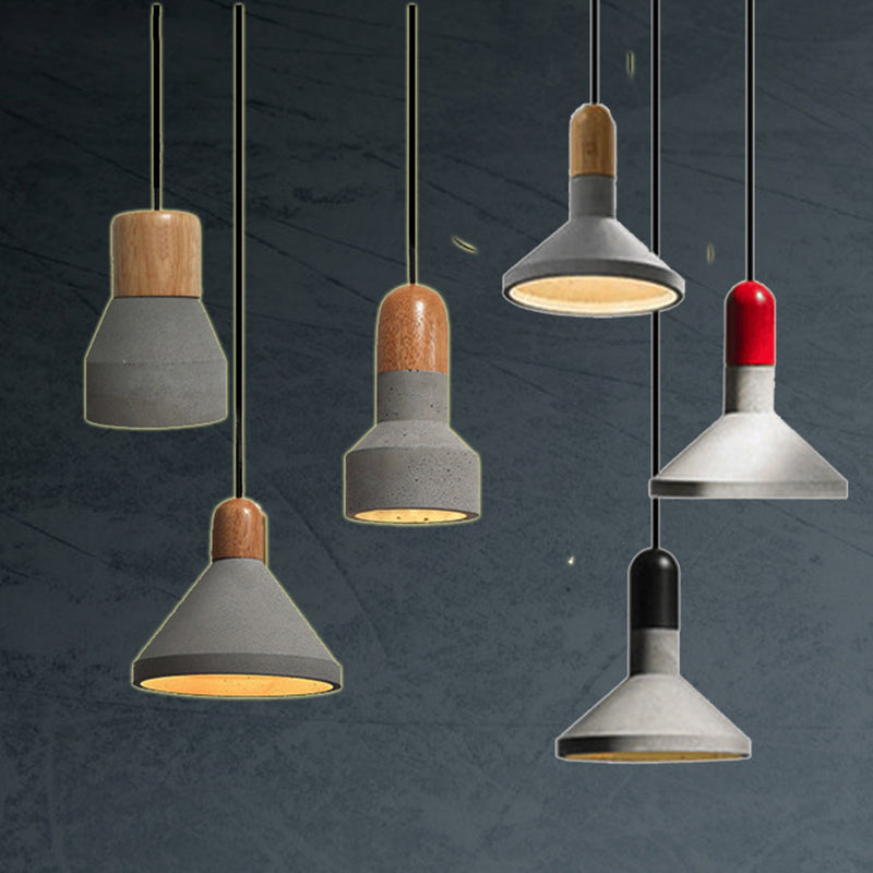 Tapered Cement Hanging Light Nordic Style 1 Light  Restaurant Ceiling Pendant Lamp  with Wooden Top