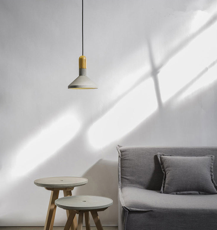 Tapered Cement Hanging Light Nordic Style 1 Light  Restaurant Ceiling Pendant Lamp  with Wooden Top