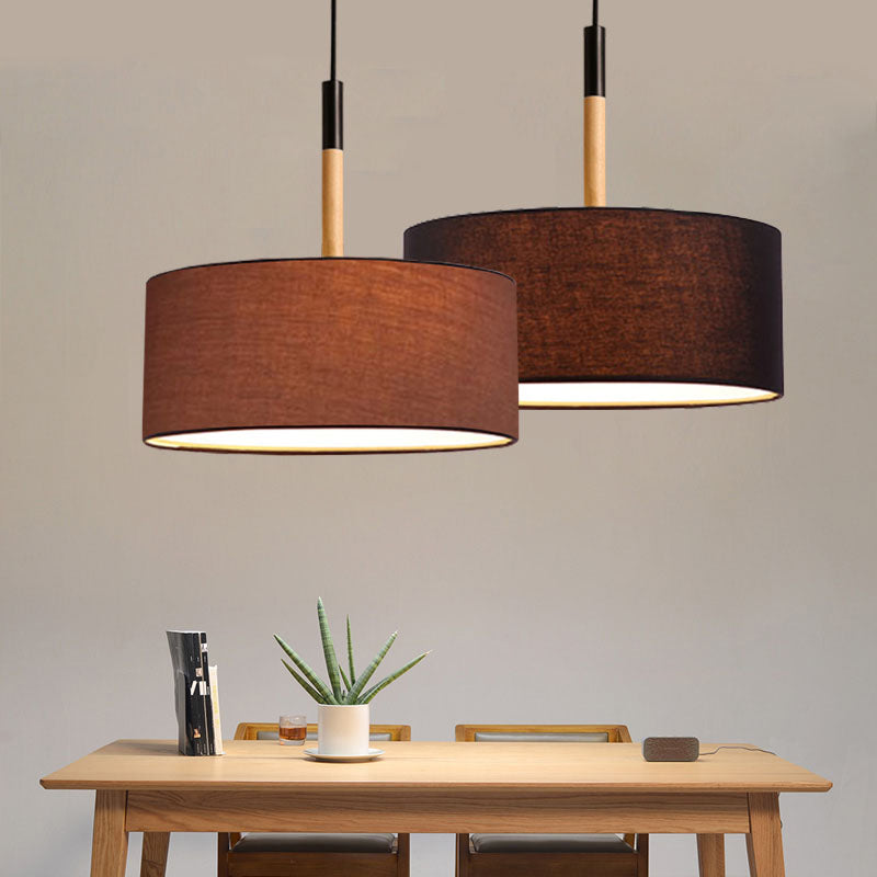 Modernism Cylinder Chandelier, Textile Shade, Wood And Metal Adjustable Chain