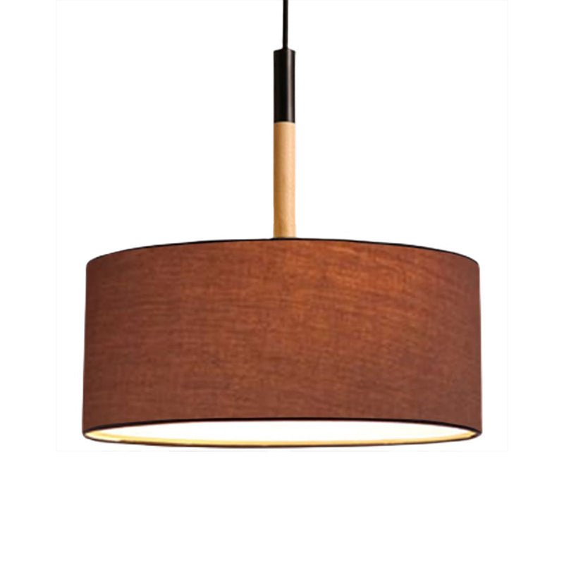 Modernism Cylinder Chandelier, Textile Shade, Wood And Metal Adjustable Chain