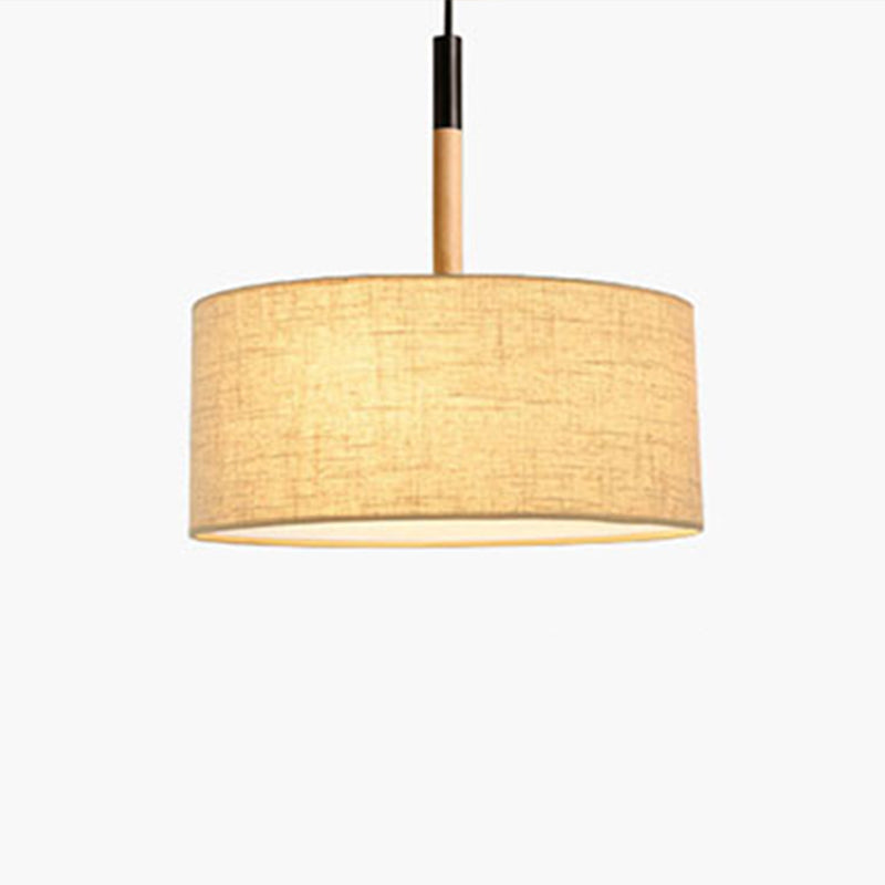 Modernism Cylinder Chandelier, Textile Shade, Wood And Metal Adjustable Chain