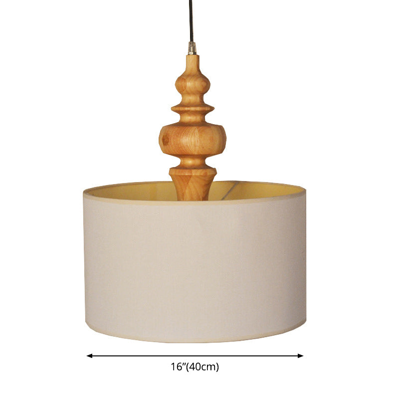 Off White Fabric Shade Chandelier, Adjustable Chain with Wood Accents