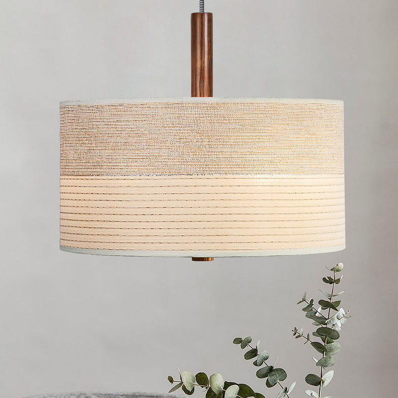Modernism Drum Chandelier , Cotton And Linen Shade, Adjustable Chain with Wood Accents