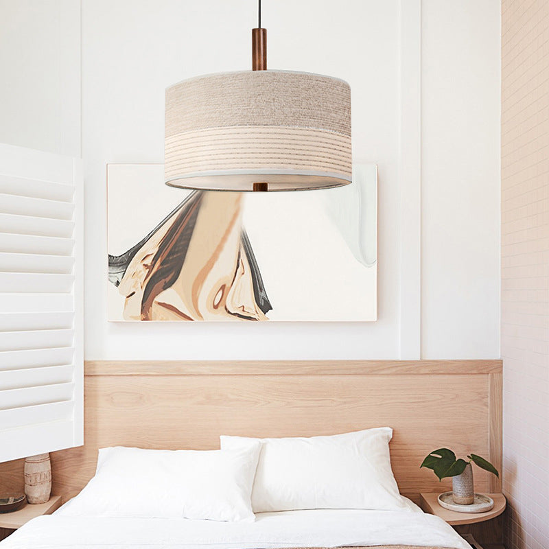 Modernism Drum Chandelier , Cotton And Linen Shade, Adjustable Chain with Wood Accents