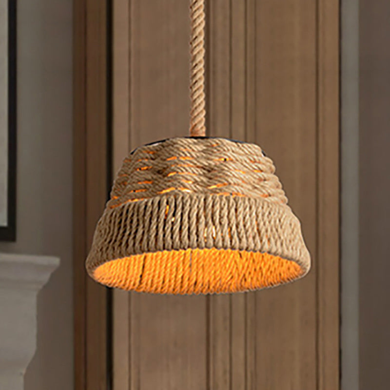 Rustic Bowl Ceiling Light Beige Hemp Rope 1 Light Restaurant Hanging Pendant Lighting