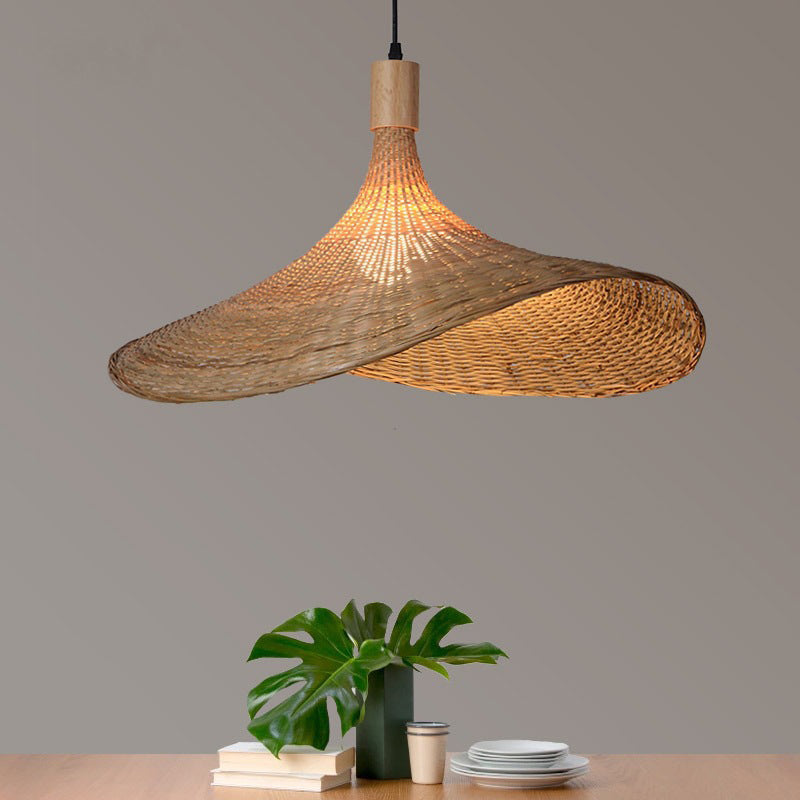 Beige Straw Hat Shape Hanging Lamp Kit Asian 1-Light Rattan Ceiling Pendant Light for Dining Table