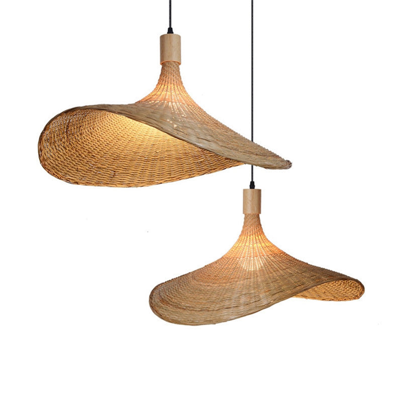 Beige Straw Hat Shape Hanging Lamp Kit Asian 1-Light Rattan Ceiling Pendant Light for Dining Table