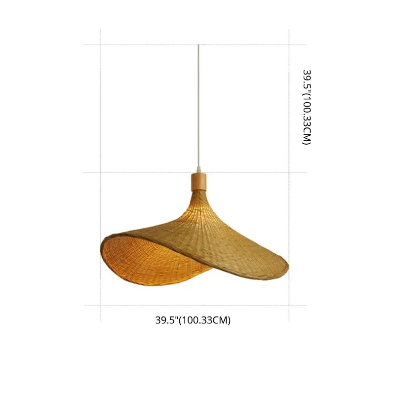 Beige Straw Hat Shape Hanging Lamp Kit Asian 1-Light Rattan Ceiling Pendant Light for Dining Table