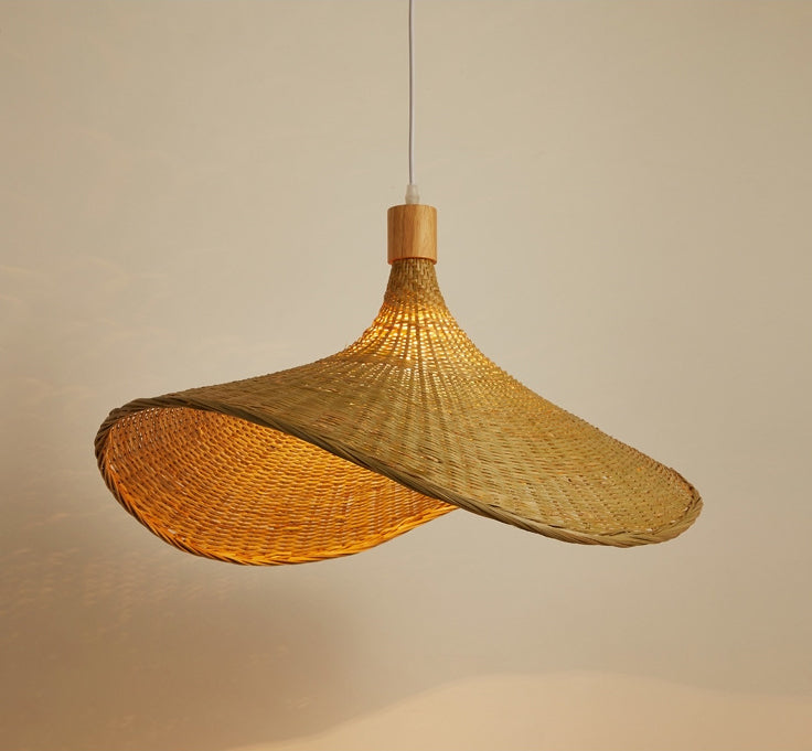 Beige Straw Hat Shape Hanging Lamp Kit Asian 1-Light Rattan Ceiling Pendant Light for Dining Table