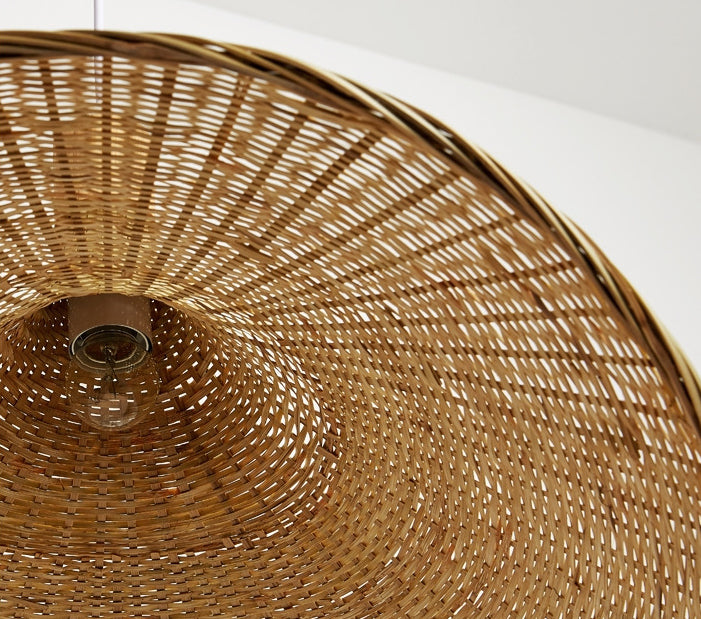 Beige Straw Hat Shape Hanging Lamp Kit Asian 1-Light Rattan Ceiling Pendant Light for Dining Table