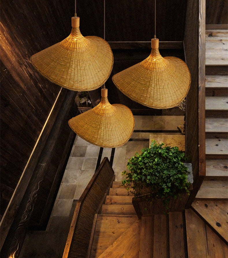 Beige Straw Hat Shape Hanging Lamp Kit Asian 1-Light Rattan Ceiling Pendant Light for Dining Table