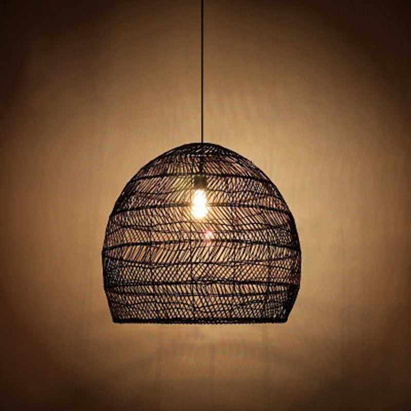 Handwoven Dome Pendant Light Fixture Chinese Rattan Fiber 1-Light Ceiling Light for Dining Table