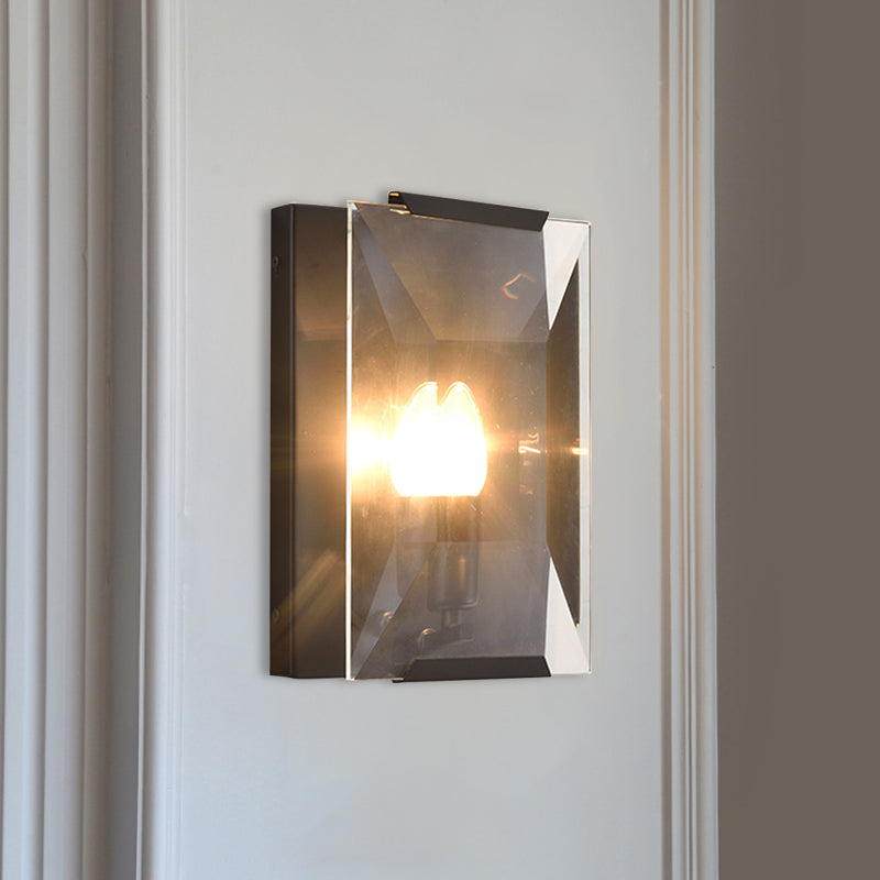 Metal Rectangle Wall Sconce Light Minimalist 1 Head Black/Brass Finish Wall Lighting with Clear/Frostwork Crystal Panel Shade