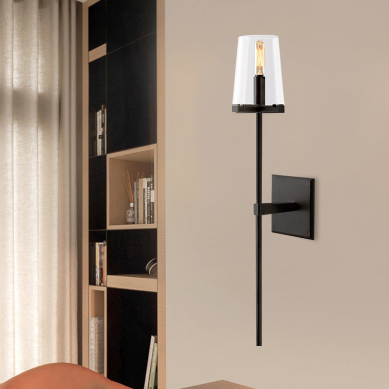 Clear Glass/White Fabric Shade Wall Sconce Tapered 1 Bulb Vintage Wall Mounted Lighting with Black/Brass Bar