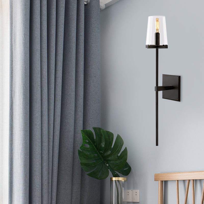 Clear Glass/White Fabric Shade Wall Sconce Tapered 1 Bulb Vintage Wall Mounted Lighting with Black/Brass Bar