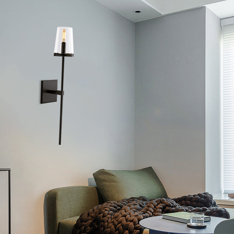 Clear Glass/White Fabric Shade Wall Sconce Tapered 1 Bulb Vintage Wall Mounted Lighting with Black/Brass Bar