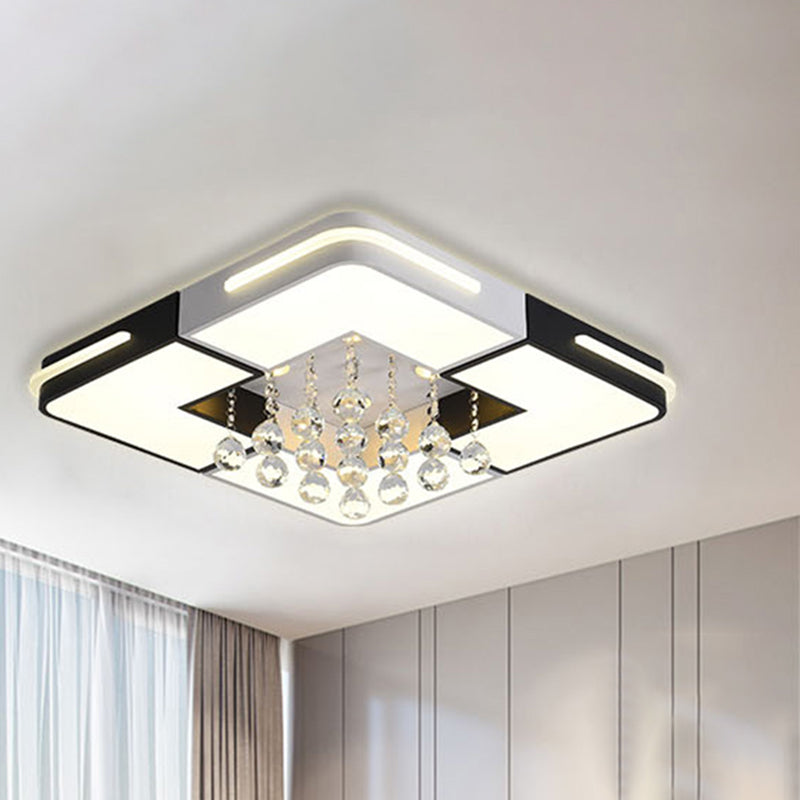 Modern LED Ceiling Light White Rectangle/Square Flush Mounted Light with Crystal Ball Accent in White/3 Color/Remote Control Stepless Dimming Light, 19.5"/23.5"/35.5" W